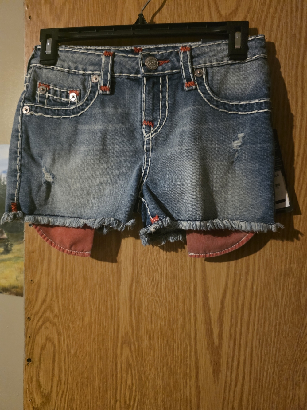 Blue Denim Frayed Hem Women’s Shorts with Red Lining
